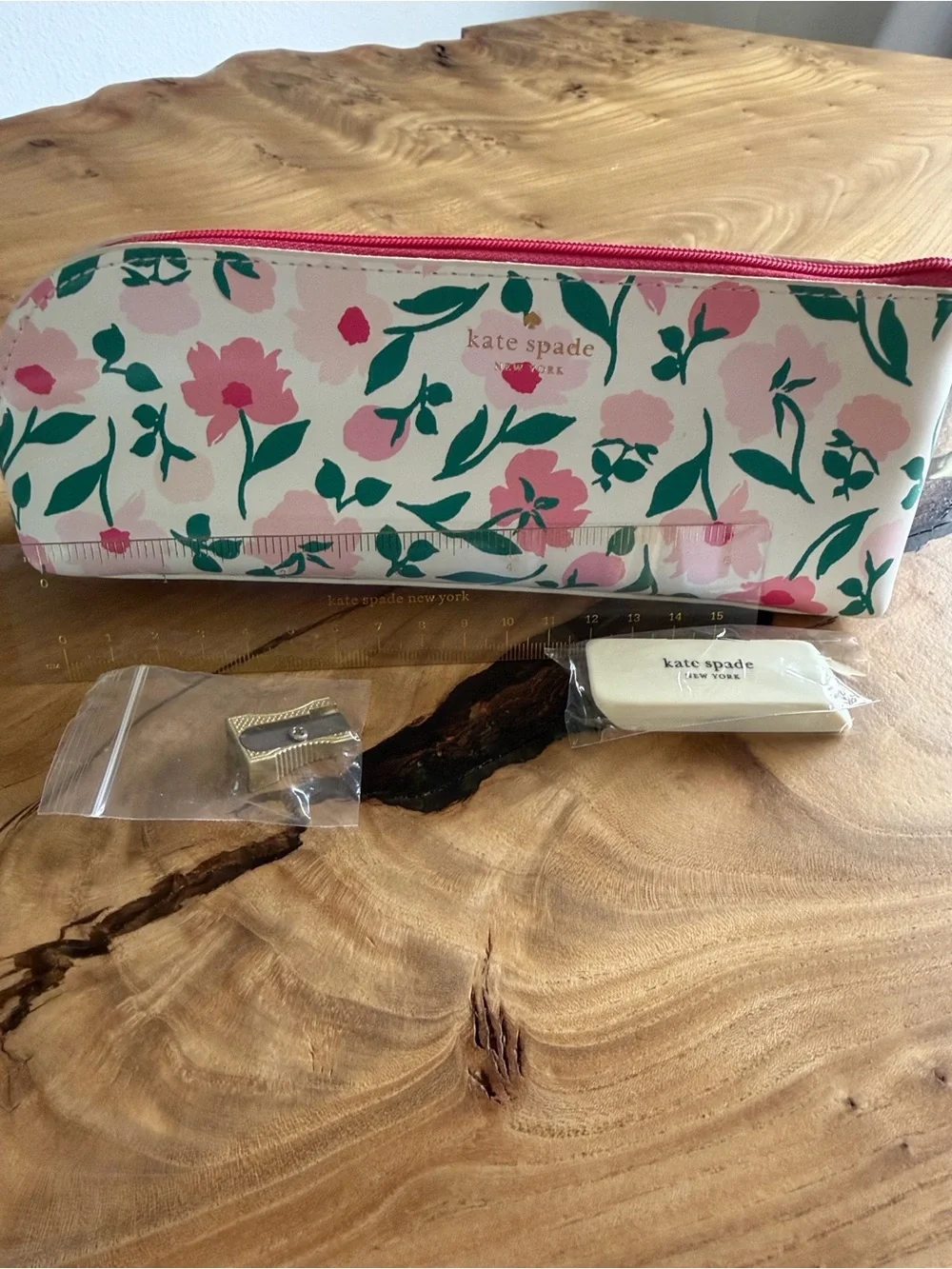 Kate Spade Pink Floral Zip Pencil  Pouch with ruler, eraser, and pencil sharpene